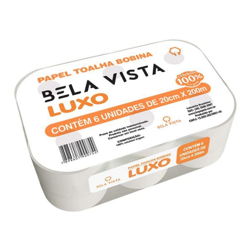 TOALHA BOBINA BELA VISTA LUXO 200M X 20CM FARDO C/6 ROLOS