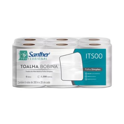TOALHA DE PAPEL BOBINA SANTHER 6X200M (ITS00) FOLHA SIMPLES